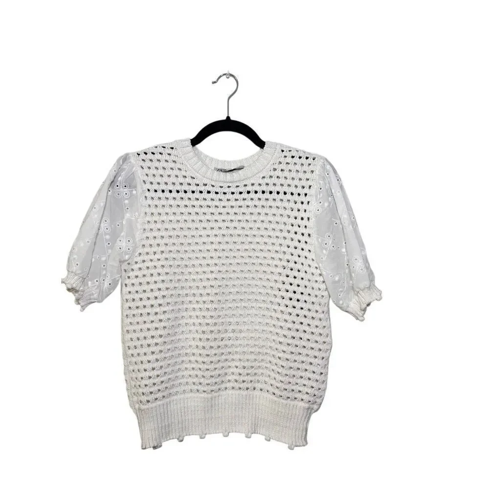 Zara white knit puff sleeve top Small